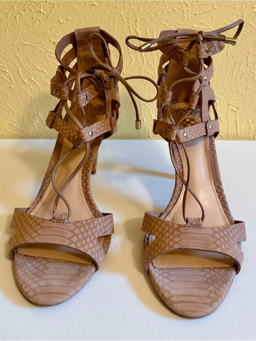 Vince Camuto Beige Lace-Up Snake-Embossed Women’s Heeled Sandals